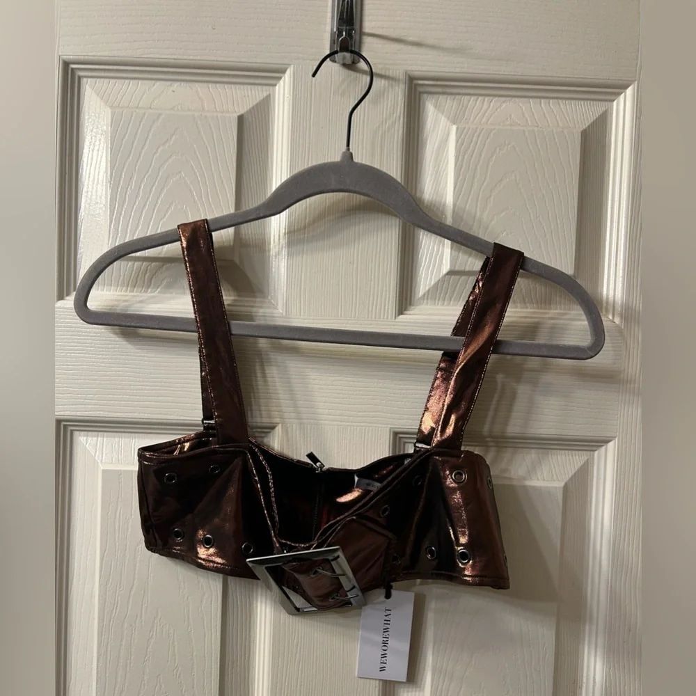 WeWoreWhat Metallic Bronze Buckle Bandeau Top